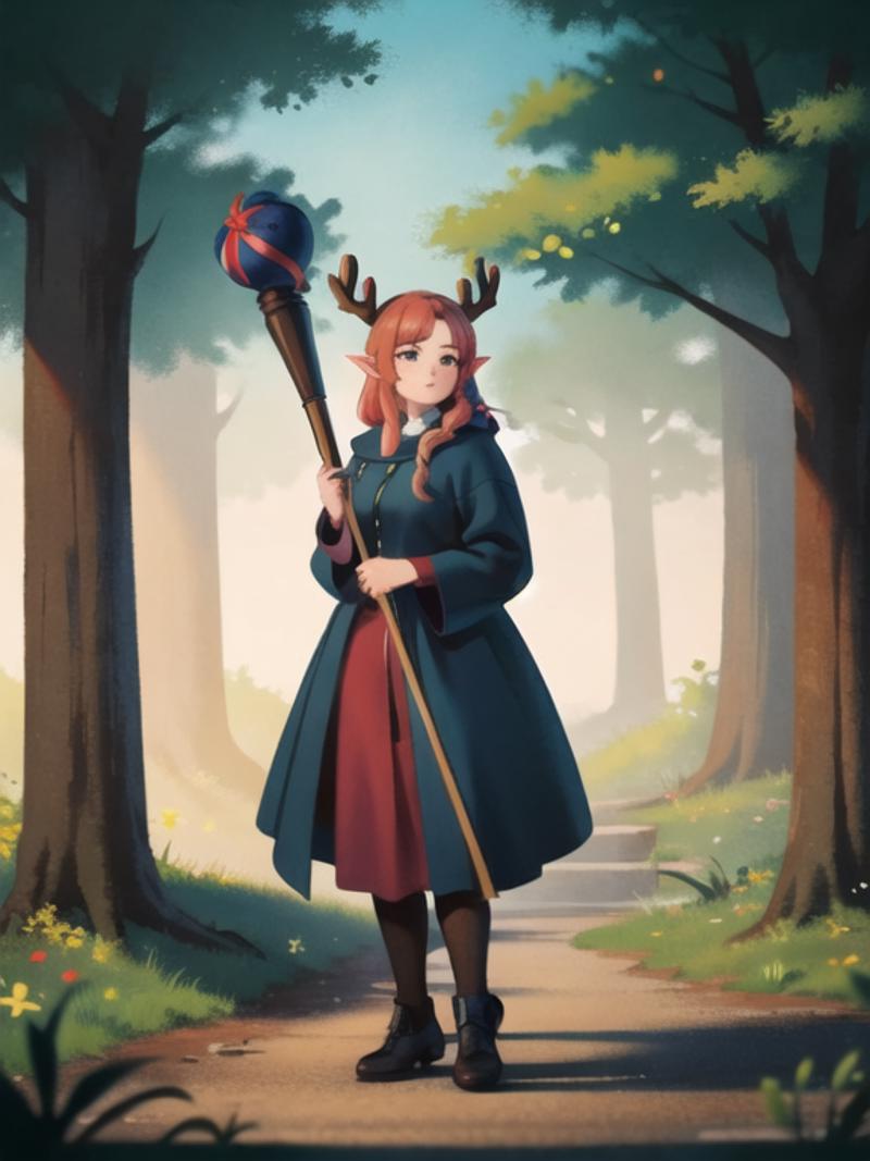 01541-834308159-(best quality, masterpiece, illustration_1.1), woman in a forest holding a staff, kingdom of elves, young woman with antlers, on.png